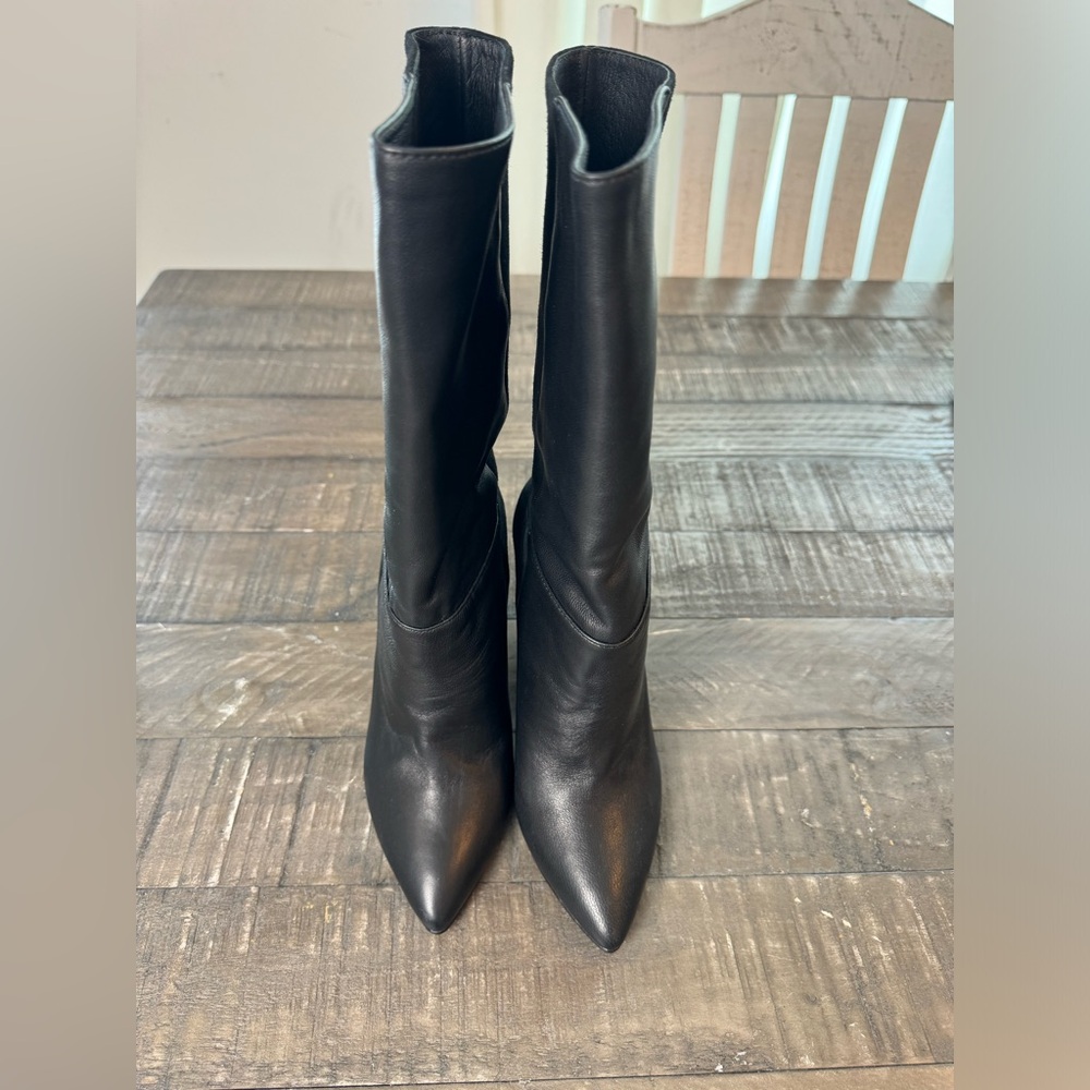 42 Gold Kolby Black Leather and Suede Pointed Toe Mid Calf Height Boots Size 7.5
